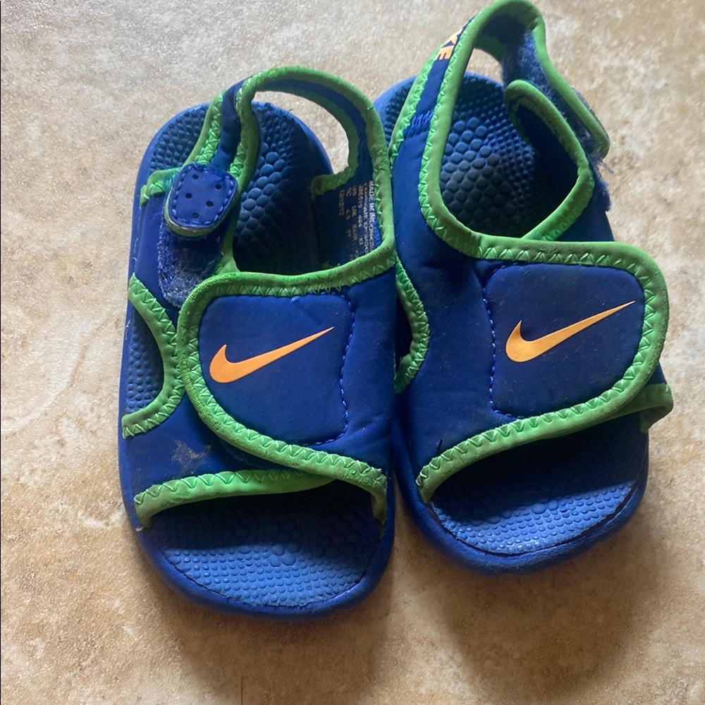 Nike Blue and Green Sandals with Velcro Strap and Cushioned Footbed